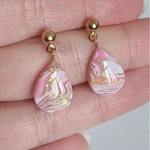 Boho Gold Ball Resin Pink White Agate Gemstone Inspired Teardrop Dangle Earrings - Picture 9 of 12
